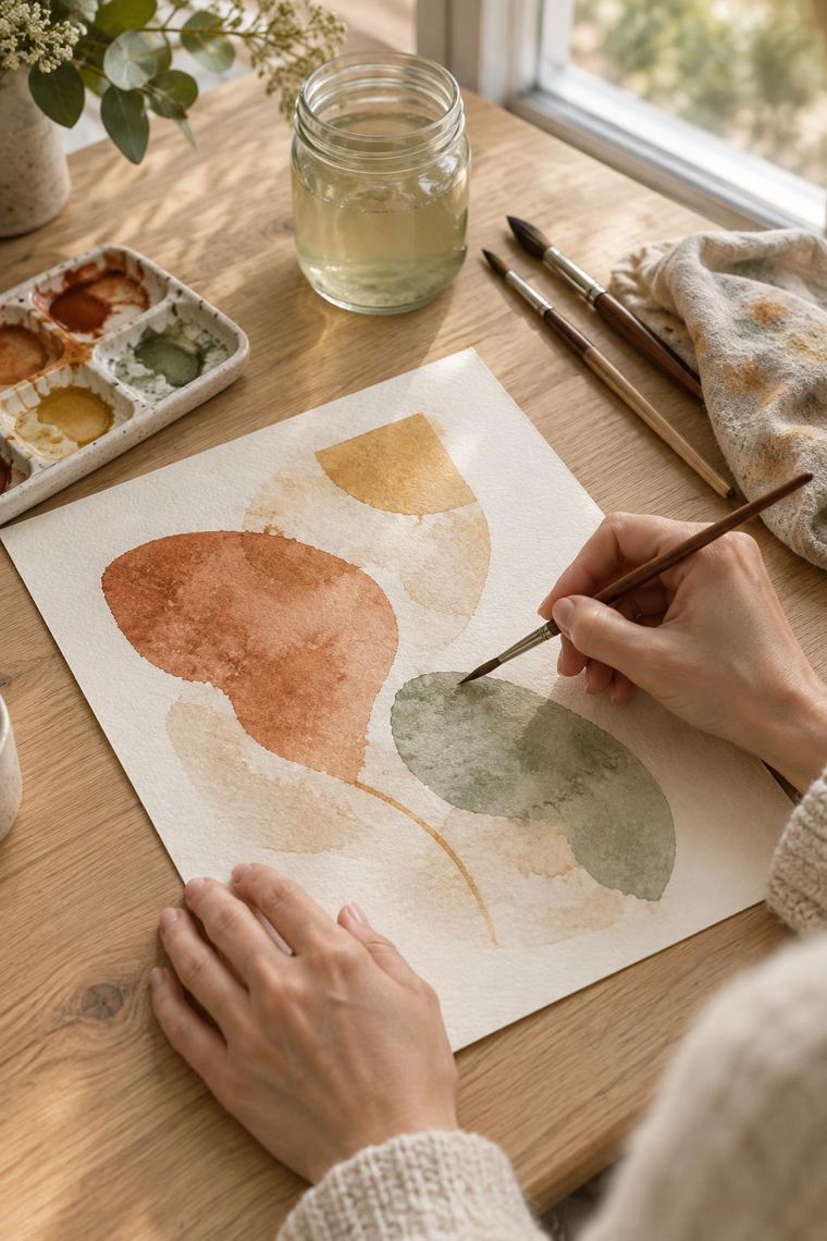 Mains peignant à l’aquarelle des formes organiques aux tons terre et sauge